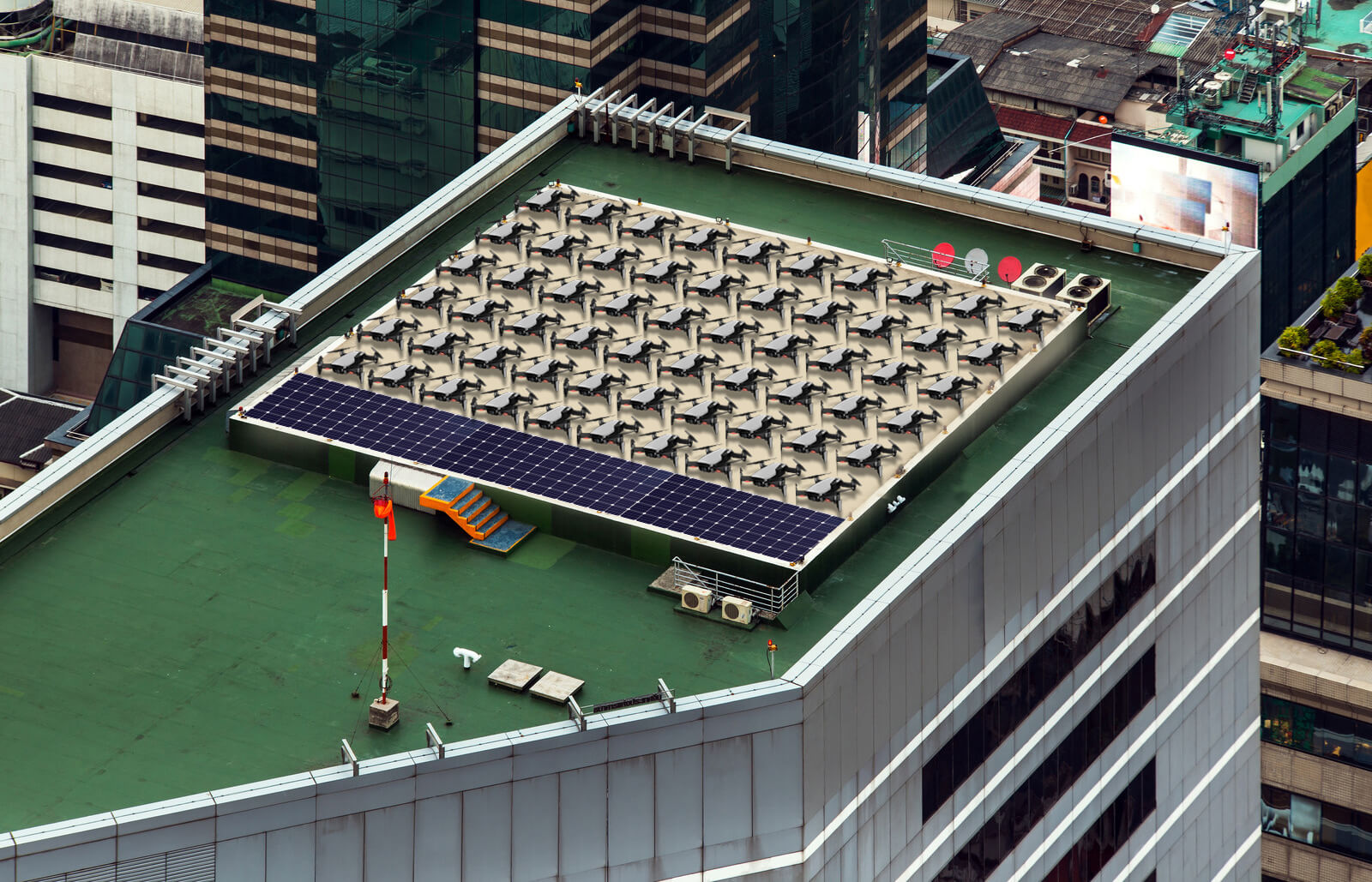 Mockup of a wireless drone charging station on a rooftop.