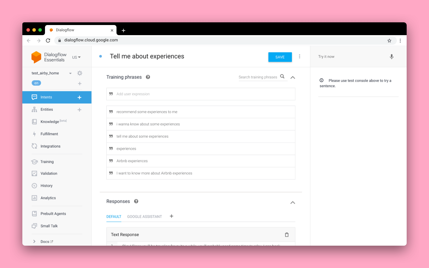 A screenshot of Dialogflow, Google's platform for developing conversational applications.