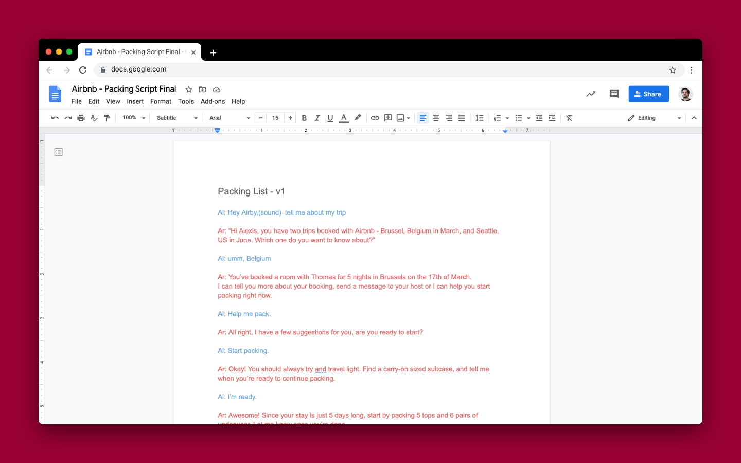A screenshot of the Airby conversation script on Google Docs