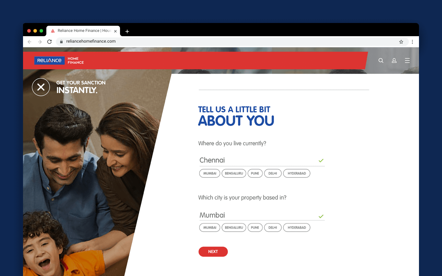 A screenshot of the Reliance Home Finance website.